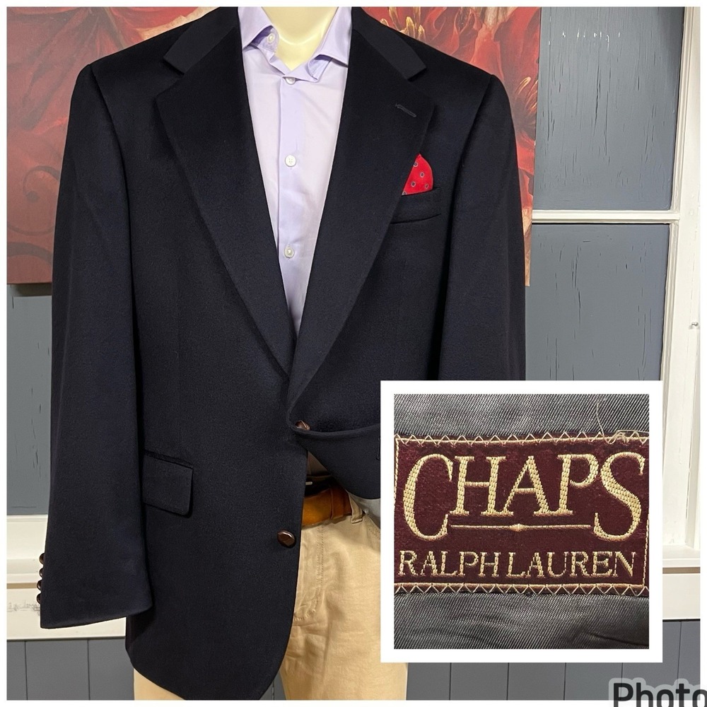 Vintage Chaps Ralph Lauren Cashmere Blazer Jacket Sport Coat Mens 44L Long Black